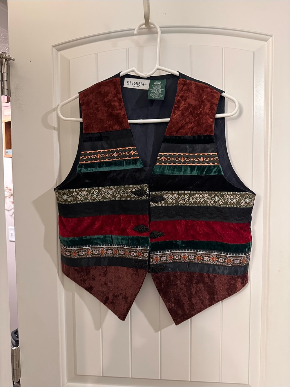 Vintage Sher-i-e Velvet Patchwork Vest in Burgundy, Forest Green & Black